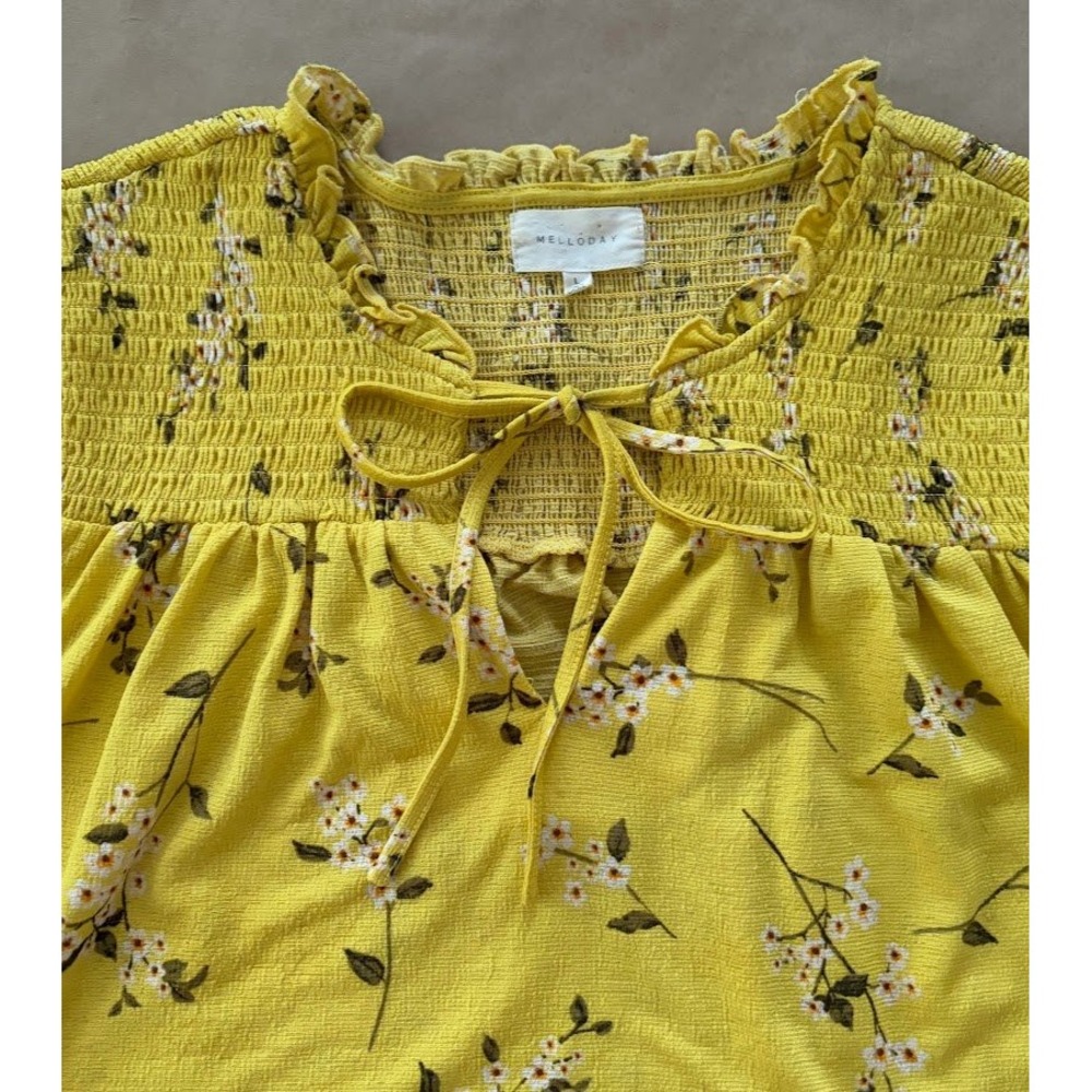 Melloday Yellow Floral Smocked Ruffle Neck Blouse Large Prairie Garden Peasant - Picture 3 of 9